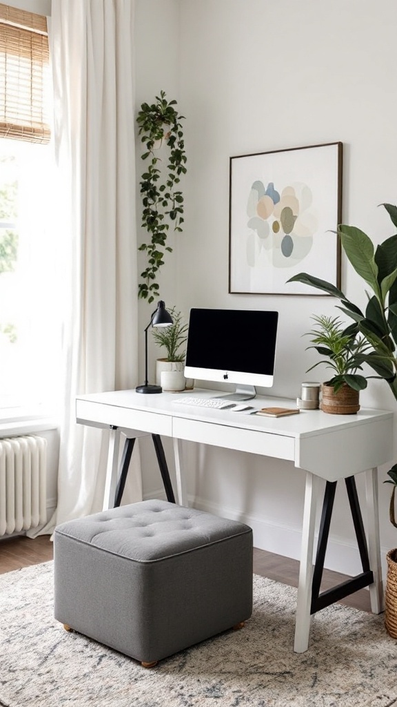 A cozy home office setup featuring a white desk, computer, plants, and a gray ottoman.