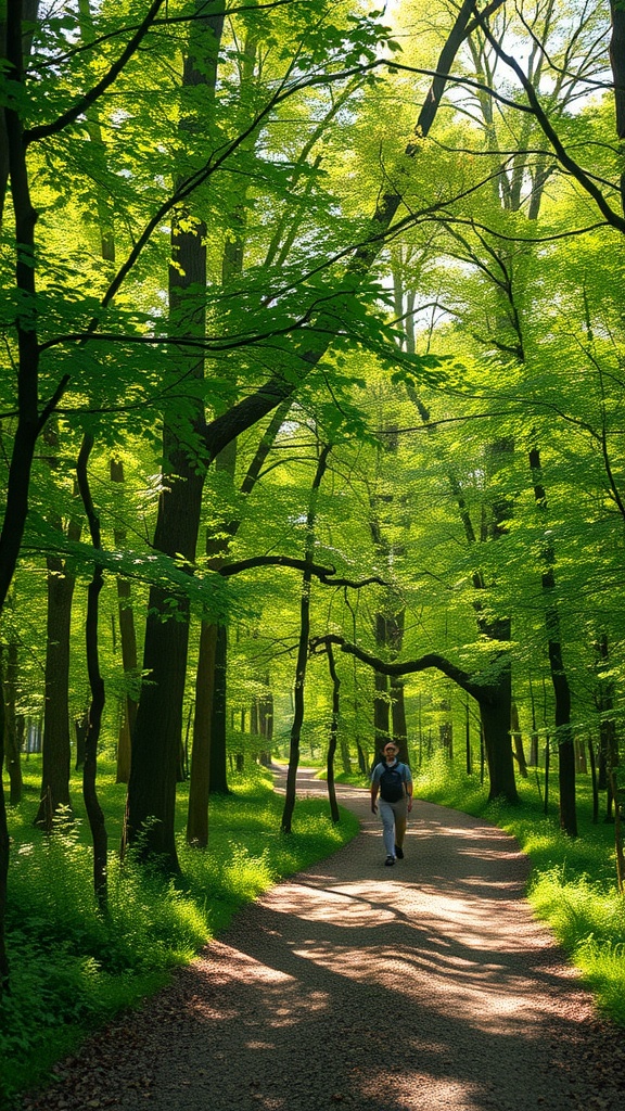 A person walking on a peaceful path surrounded by lush green trees.