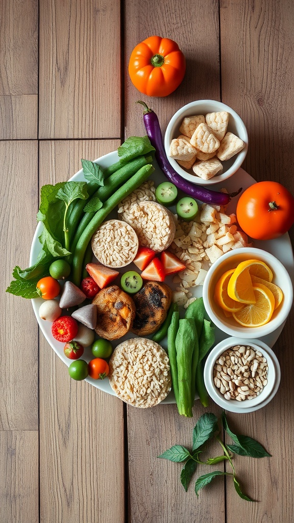 A vibrant plate filled with fresh vegetables, fruits, and healthy snacks.