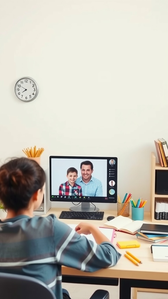 Woman tutoring a child online at her desk.