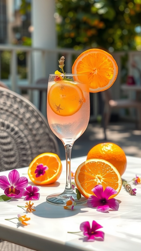 A glass of Orange Blossom Spritz garnished with orange slices and flowers on a table.