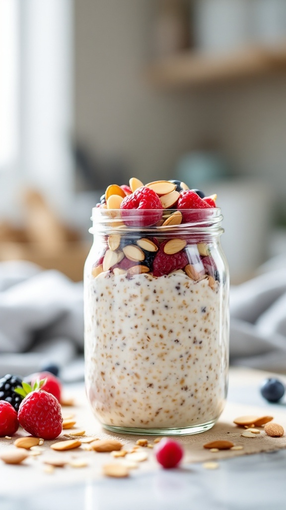 A jar of overnight oats topped with almonds and fresh berries.