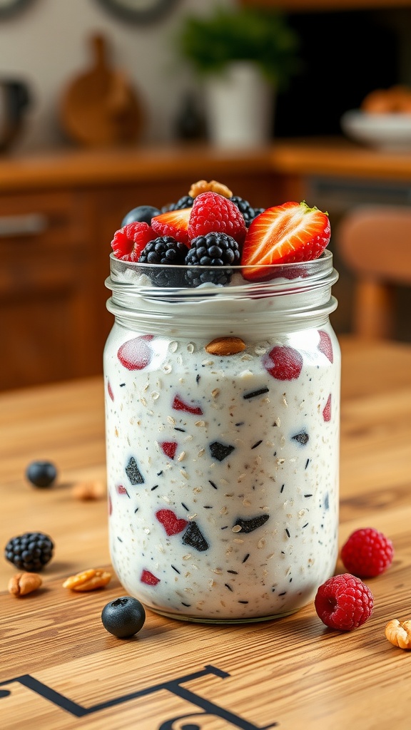 A jar of overnight oats topped with assorted berries, perfect for meal prep.
