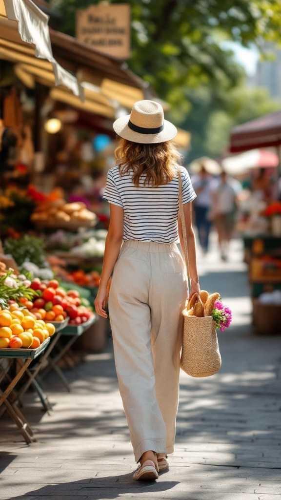 A woman wearing a striped top and light trousers walking in a market, carrying a woven bag with baguettes and flowers.