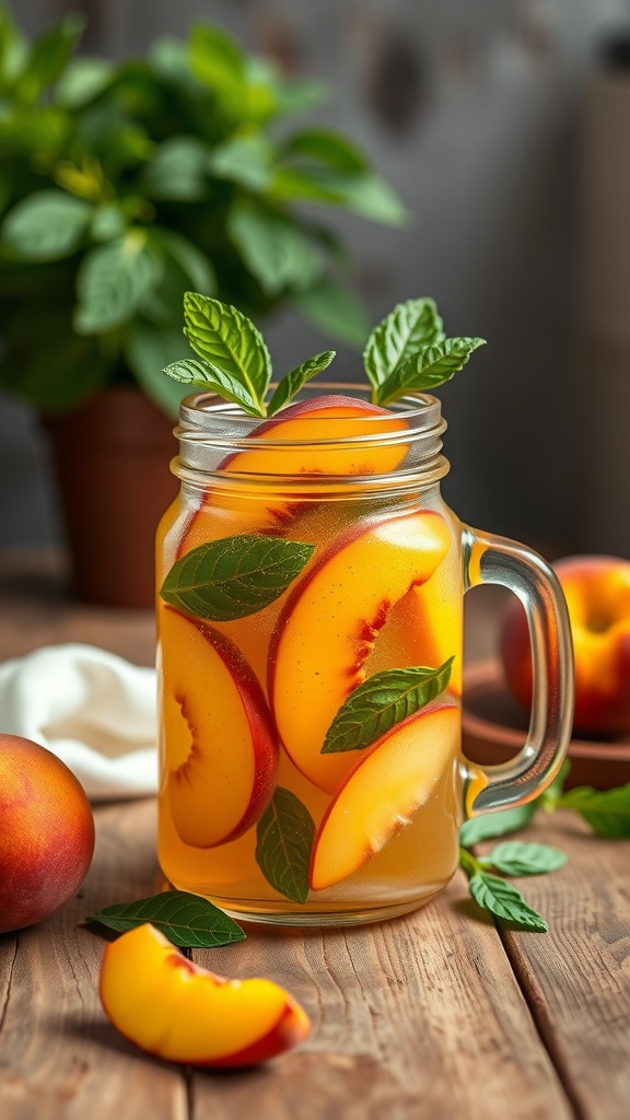 A refreshing peach and basil cooler in a glass jar with peach slices and basil leaves.