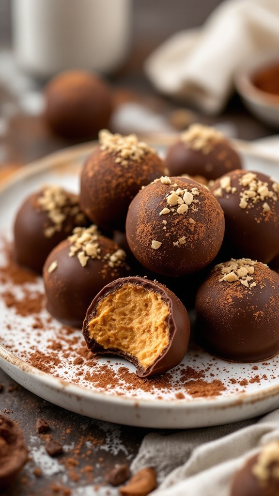 A plate of peanut butter chocolate fat bombs with one bite taken out, sprinkled with crushed nuts and cocoa powder.
