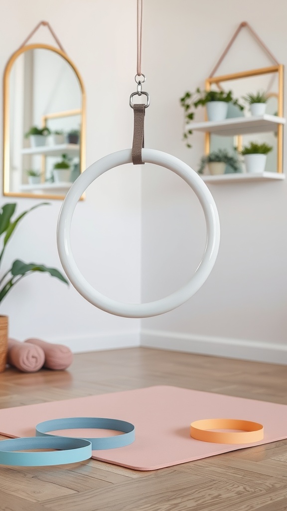 A stylish Pilates corner featuring a hanging ring, colorful rings on a mat, and plants in the background.