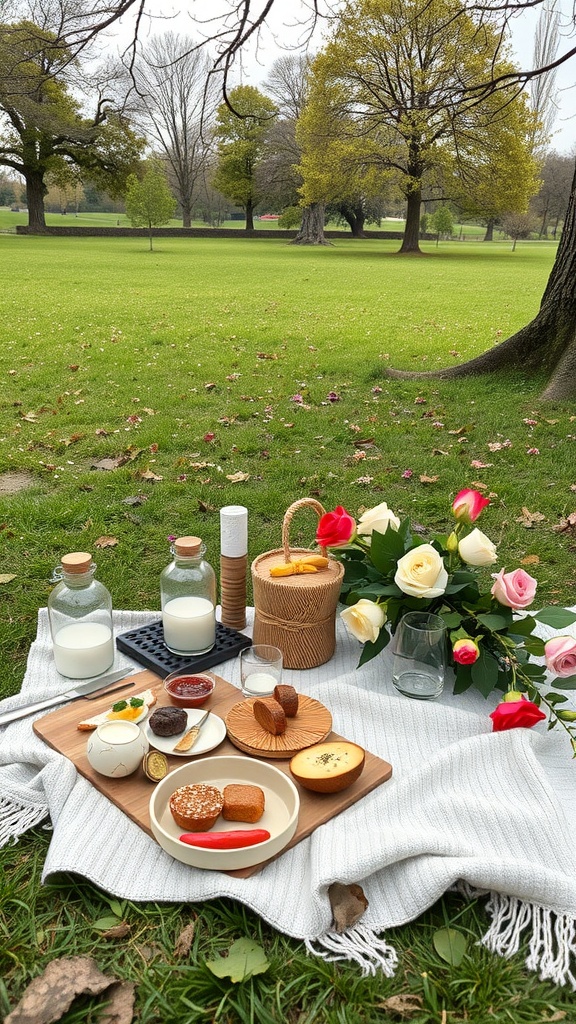 A picnic setup featuring snacks, drinks, and flowers on a blanket in a park.