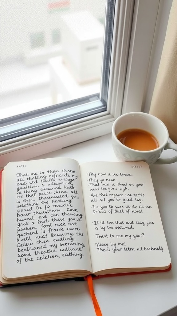 A journal open with handwritten notes, a cup of tea beside it, and a view out the window.