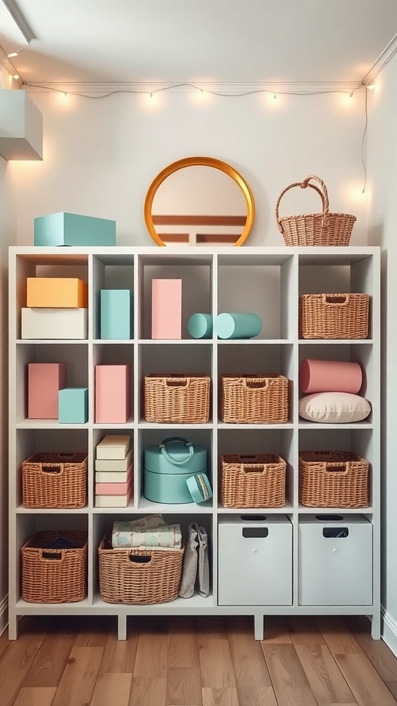 Stylish storage wall with baskets and colorful boxes in a home gym or yoga space.