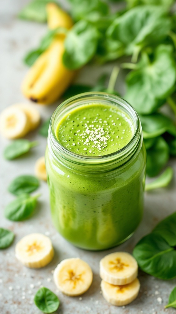 A green protein smoothie in a jar with banana slices and spinach leaves.