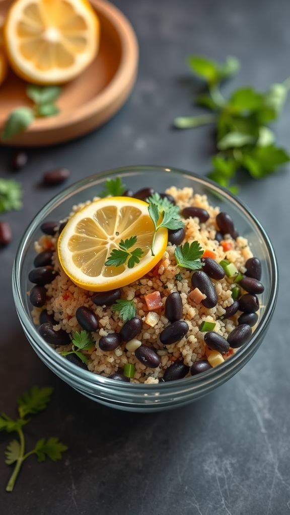 A vibrant quinoa and black bean salad garnished with lemon slices and fresh herbs.