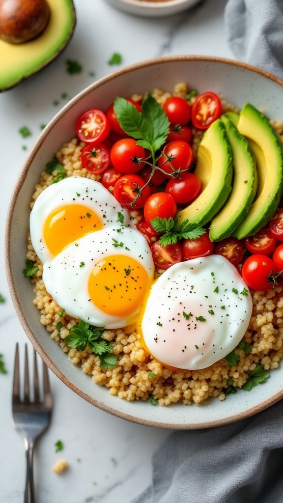 A healthy quinoa breakfast bowl with poached eggs, avocado, and cherry tomatoes.