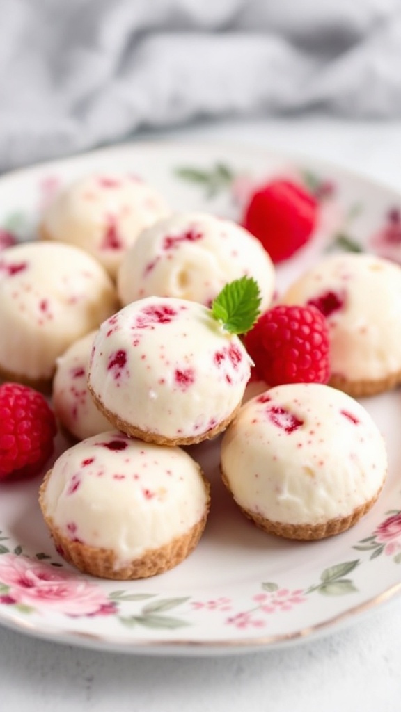 Plate of raspberry cheesecake fat bombs with fresh raspberries