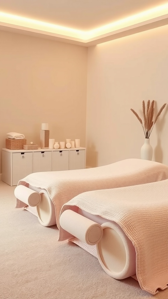 A calming recovery zone featuring two massage beds with soft pink blankets, warm lighting, and a minimalist decor.