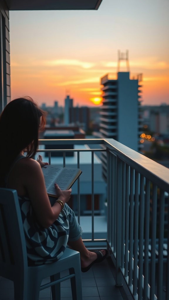 Person reading on a balcony during sunset