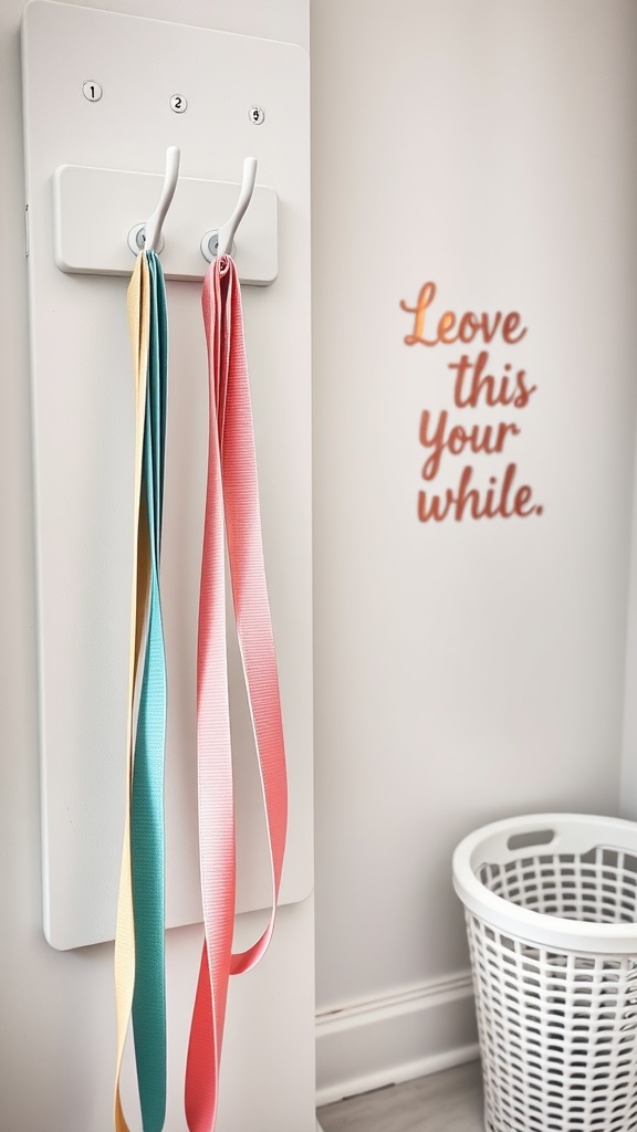 A neatly organized resistance band station with colorful bands hanging on hooks and a motivational phrase on the wall