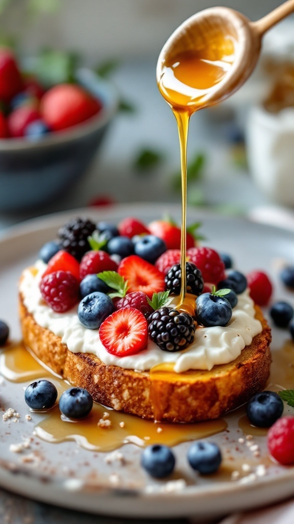 Delicious ricotta and berry toast with honey drizzle