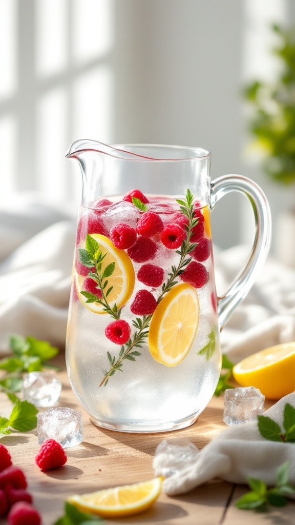 A glass pitcher filled with raspberry, lemon slices, and thyme in water, garnished with ice cubes.