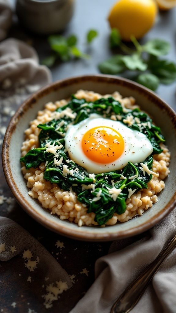 Bowl of savory oatmeal topped with spinach and a fried egg