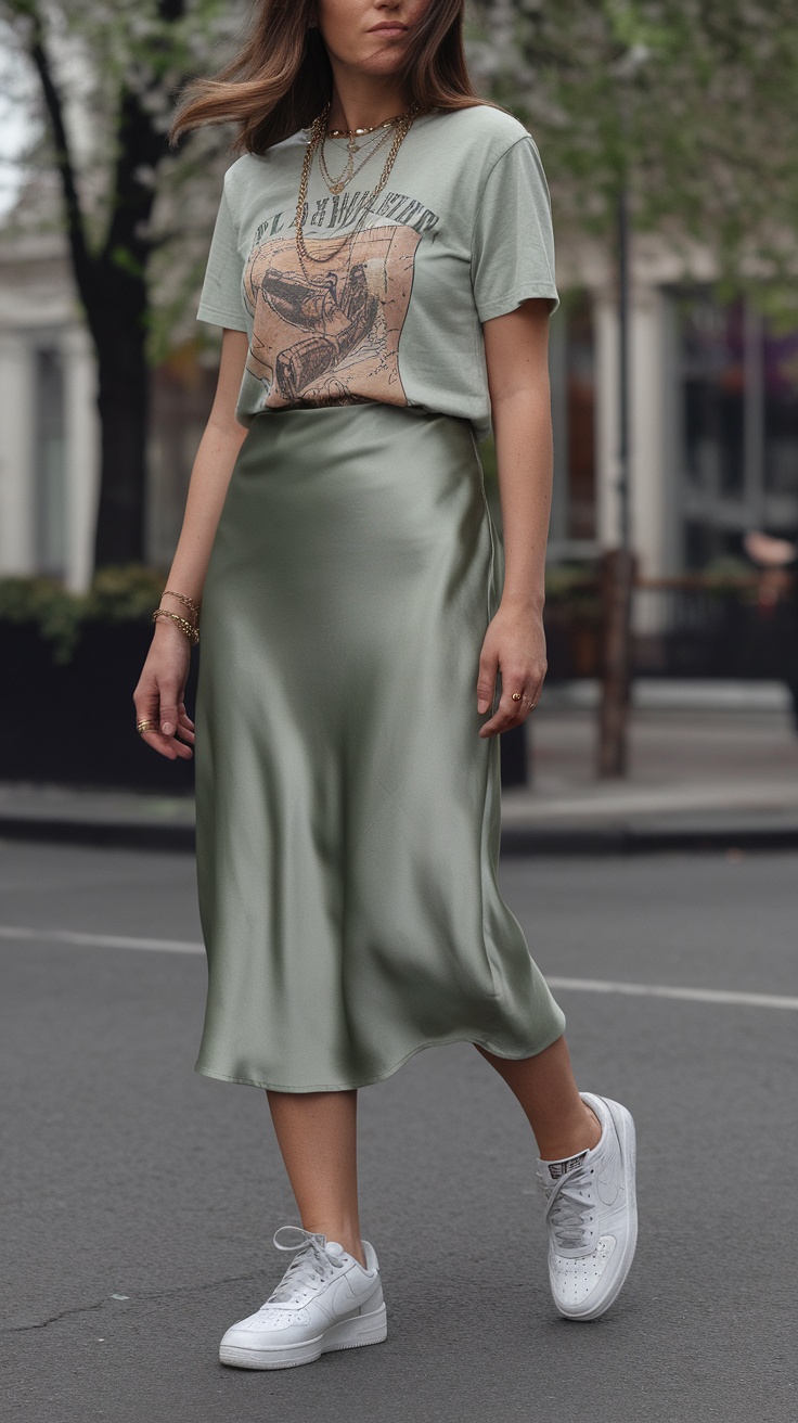 A woman wearing a green slip skirt and a graphic tee, paired with white sneakers.