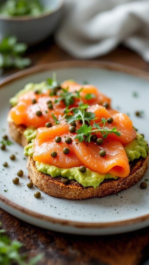 Smoked salmon and avocado toast on a plate, garnished with capers and herbs.