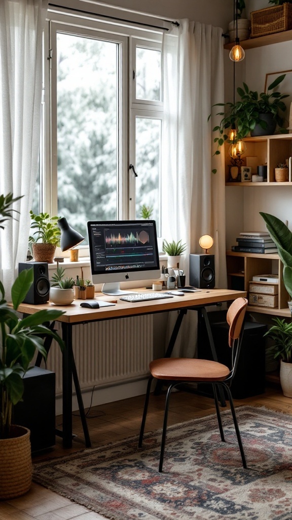 A cozy home office setup featuring a desk, computer, plants, and warm lighting.