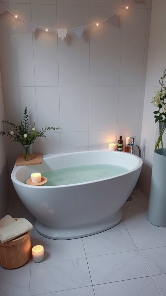 A soothing bathroom setting with a warm bubble bath, candles, and a relaxing atmosphere.