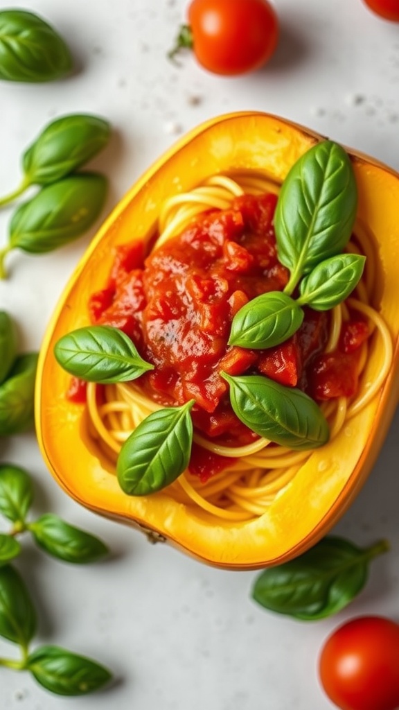 A serving of spaghetti squash topped with marinara sauce and fresh basil leaves.