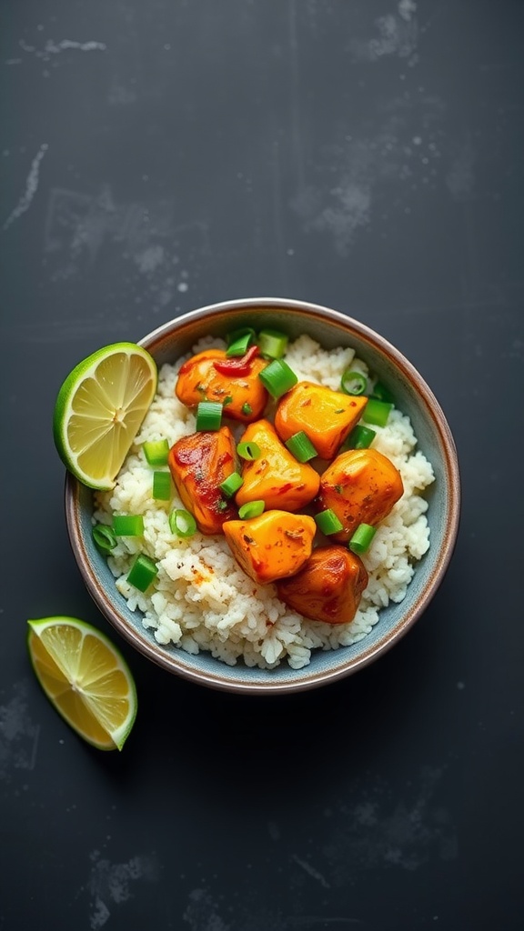 A delicious bowl of spicy chicken served over cauliflower rice, garnished with green onions and lime.