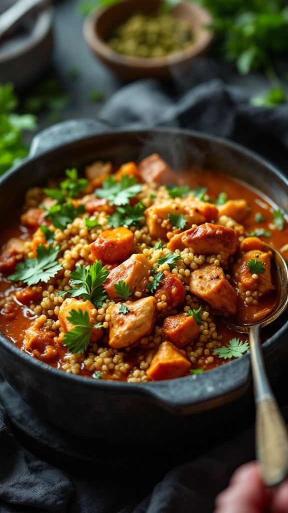A delicious bowl of spicy chicken and quinoa stew garnished with fresh herbs.