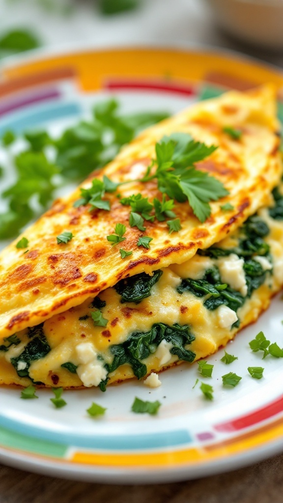 A delicious spinach and feta omelette garnished with parsley.