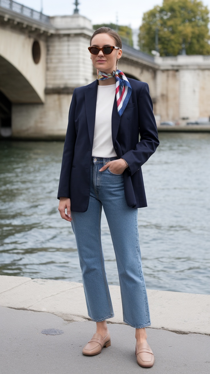 A stylish woman wearing a navy blazer and colorful silk scarf, standing in front of the Eiffel Tower.