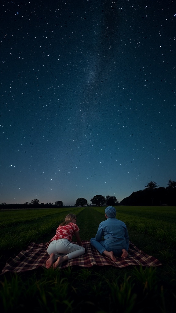 A couple stargazing on a blanket under a starry night sky.