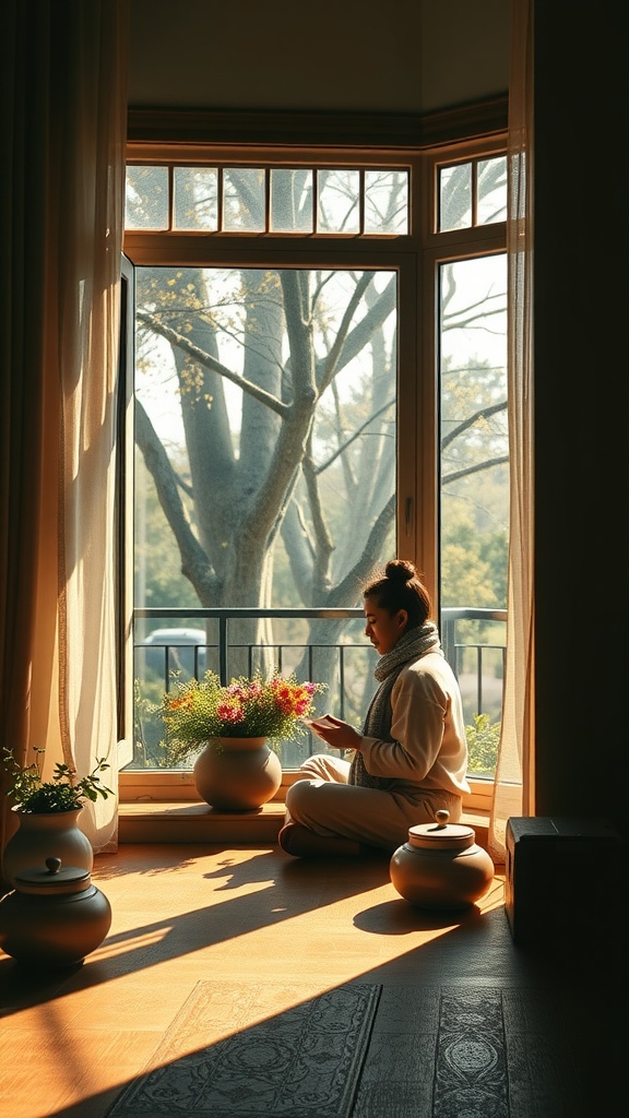 A person sitting by a window, practicing mindfulness with plants and warm sunlight.