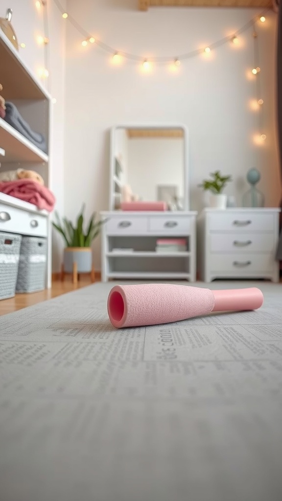 A cozy stretch corner with a yoga mat and soft lighting.