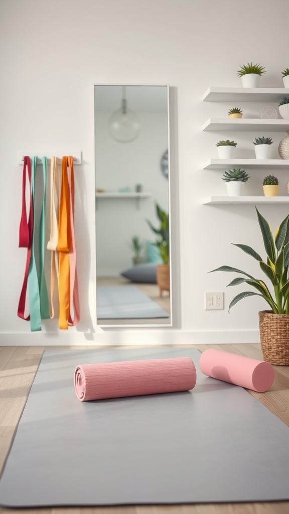 A peaceful stretching area featuring a gray mat, pink yoga props, colorful resistance bands, and plants.