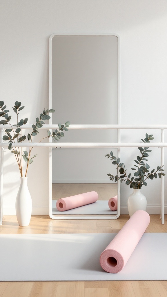 A serene home gym stretching area with a foam roller, a large mirror, and a decorative plant.