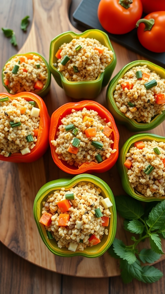 Colorful stuffed bell peppers filled with quinoa and vegetables.