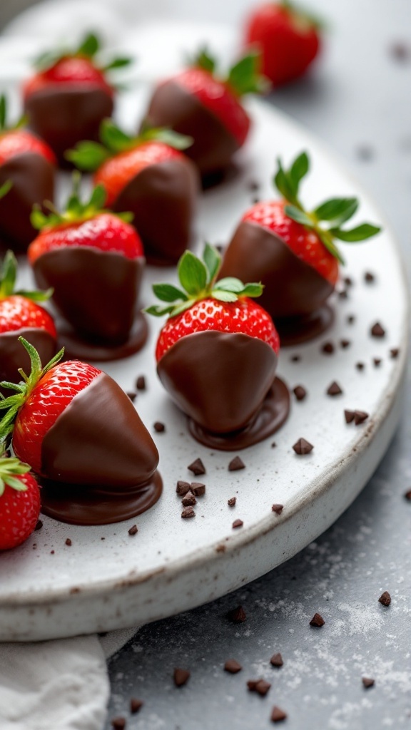 A plate of sugar-free chocolate-covered strawberries with some chocolate chips scattered around.