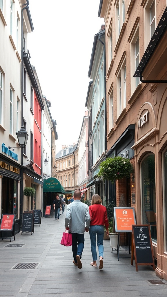 A couple walking hand in hand down a charming city street lined with shops and cafes.