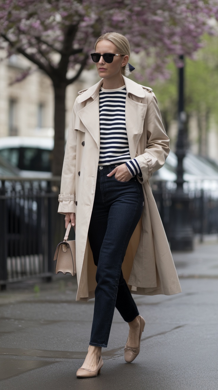 A woman in a beige trench coat, striped top, and dark jeans walking in a cherry blossom-lined street.