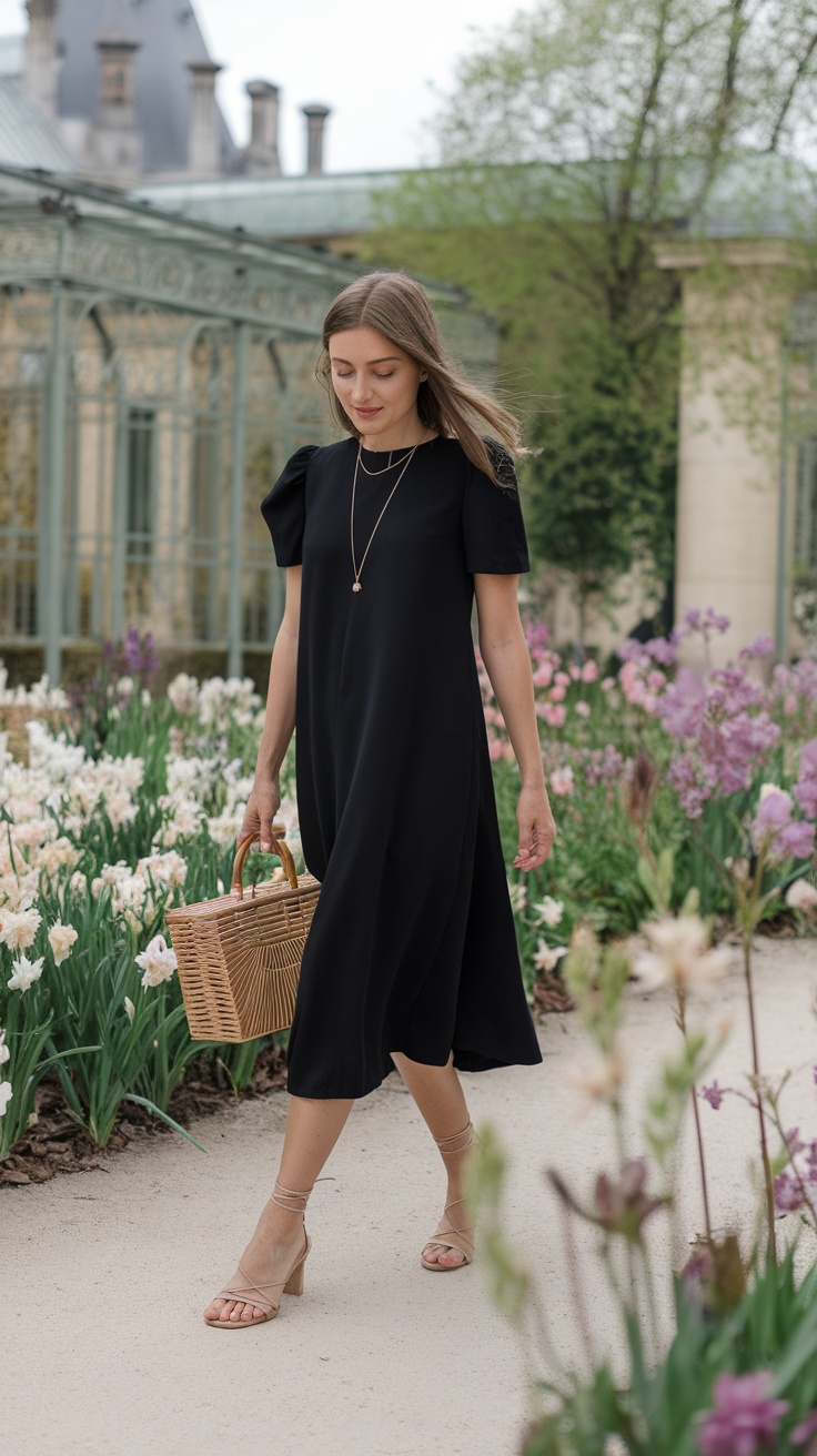 A woman wearing a black dress and holding a woven bag, walking through a garden filled with colorful flowers.