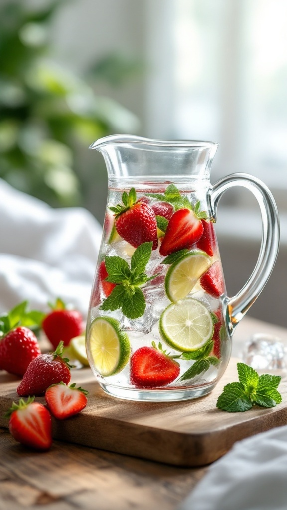 A pitcher of detox water with strawberries, lime slices, and mint leaves.