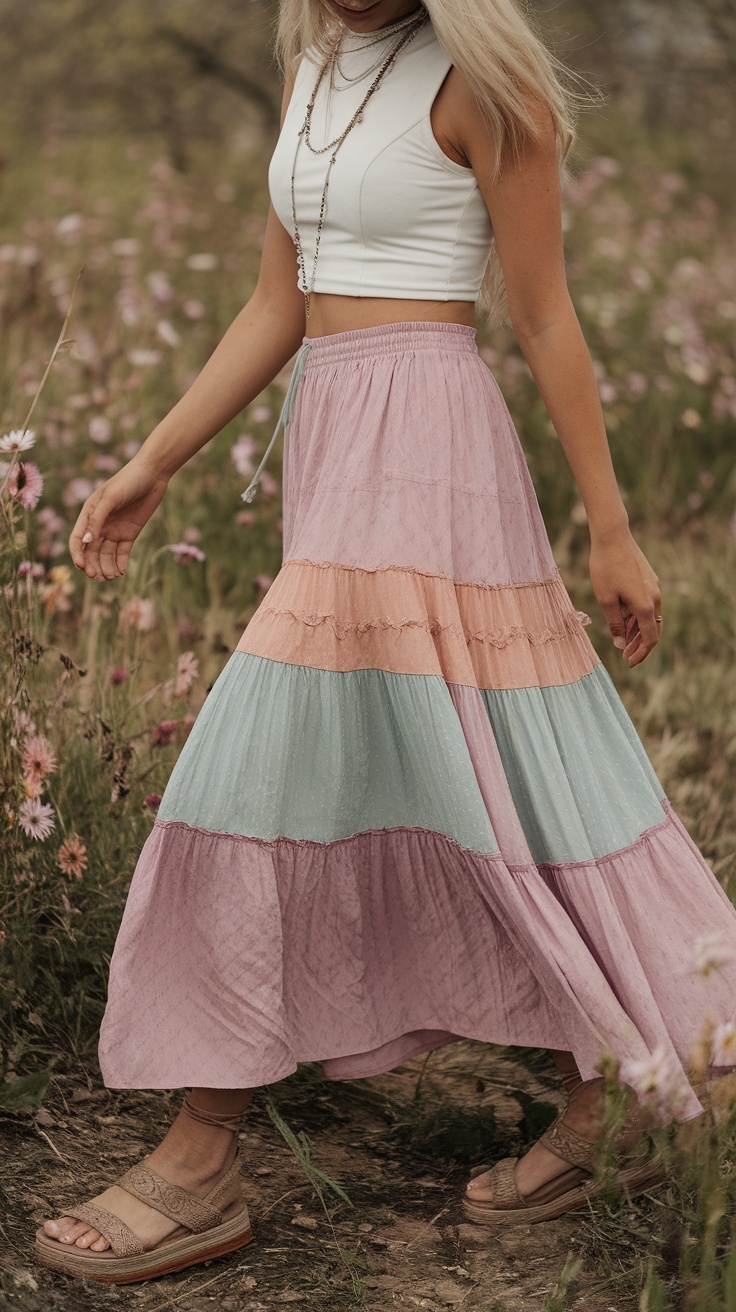 A woman walking in a field wearing a tiered prairie skirt and crop top.