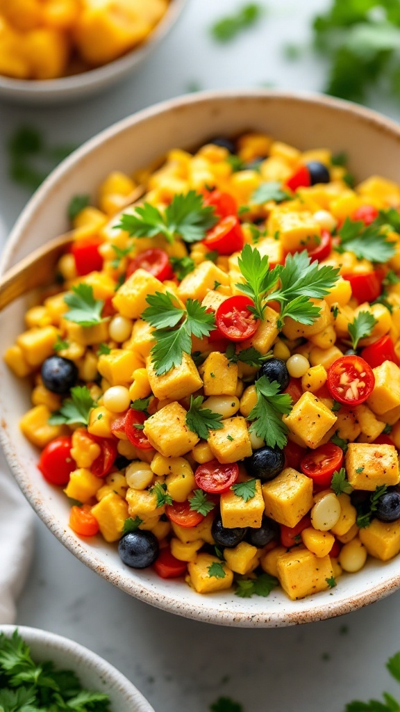 A bowl of colorful tofu scramble with vegetables, garnished with fresh herbs.