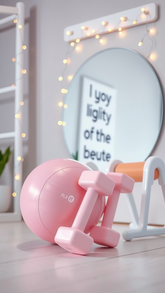 A cozy toning corner featuring a pink stability ball, dumbbells, a mirror, and soft lighting.