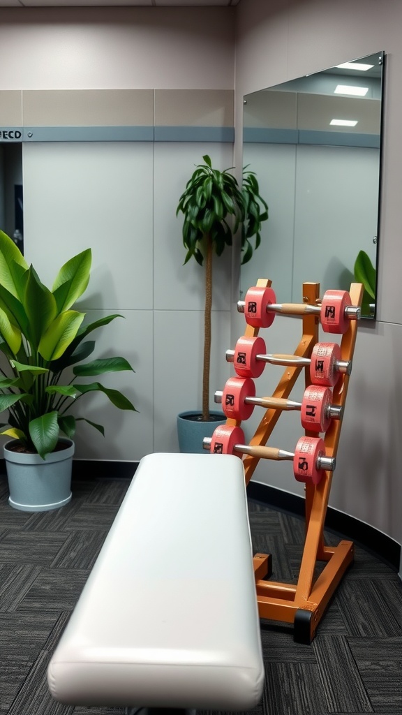 A home gym toning station featuring a weight bench, colorful dumbbells, and plants.