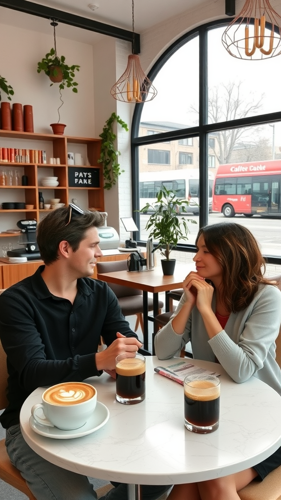 Interior of a modern coffee shop with a woman working and a man looking at his phone.