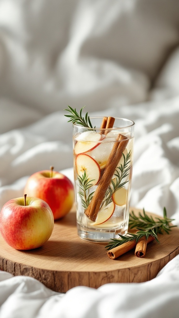 A glass of detox water with apple slices, cinnamon sticks, and rosemary on a wooden platter.